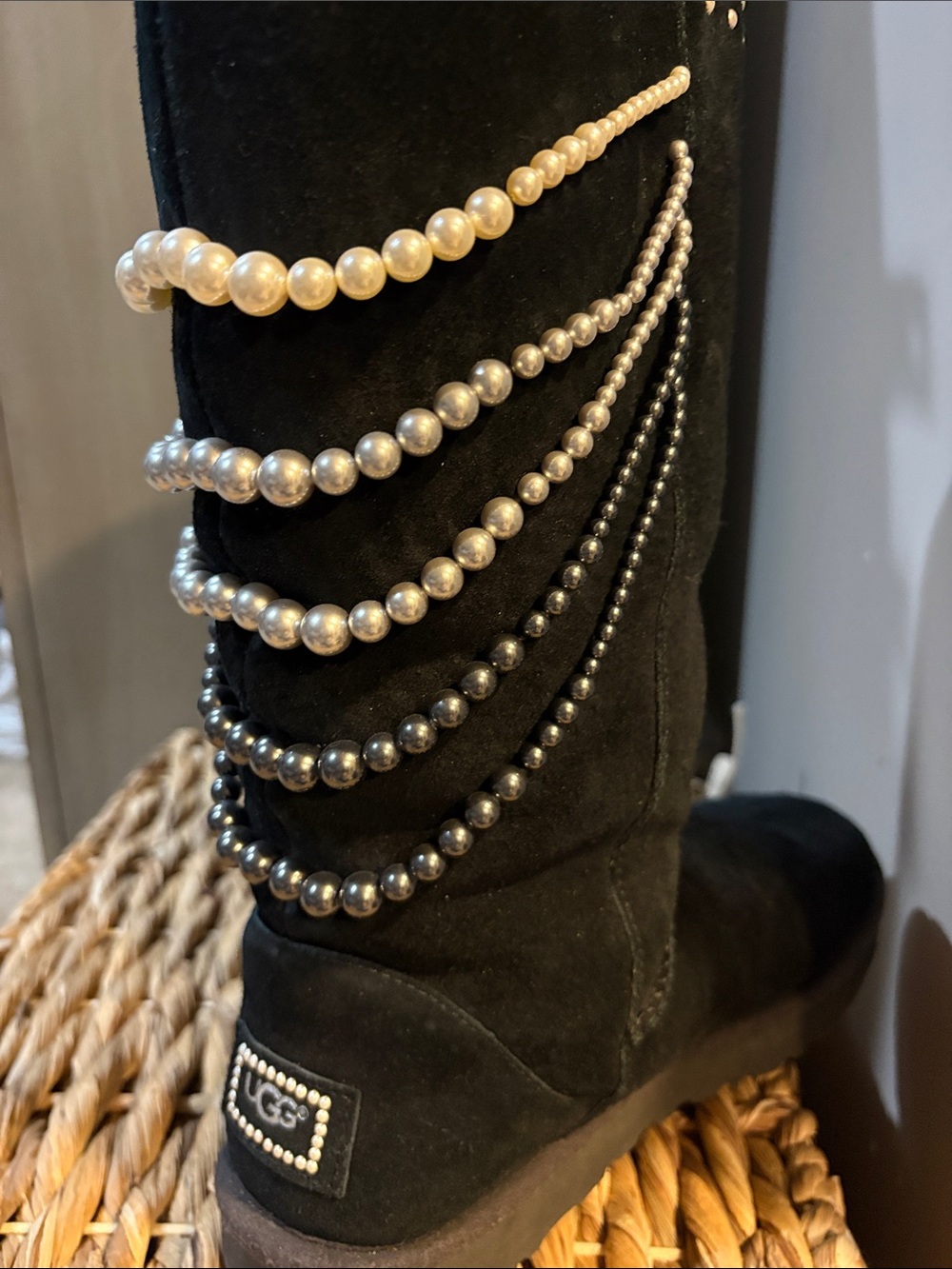 UGG Black Suede Tall Boot with Pearl and Metallic Bead Strands